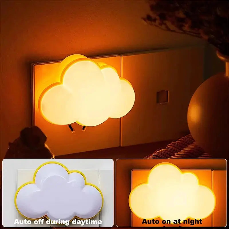 LED cloud night light by Simples Market, white with yellow trim, plug-in