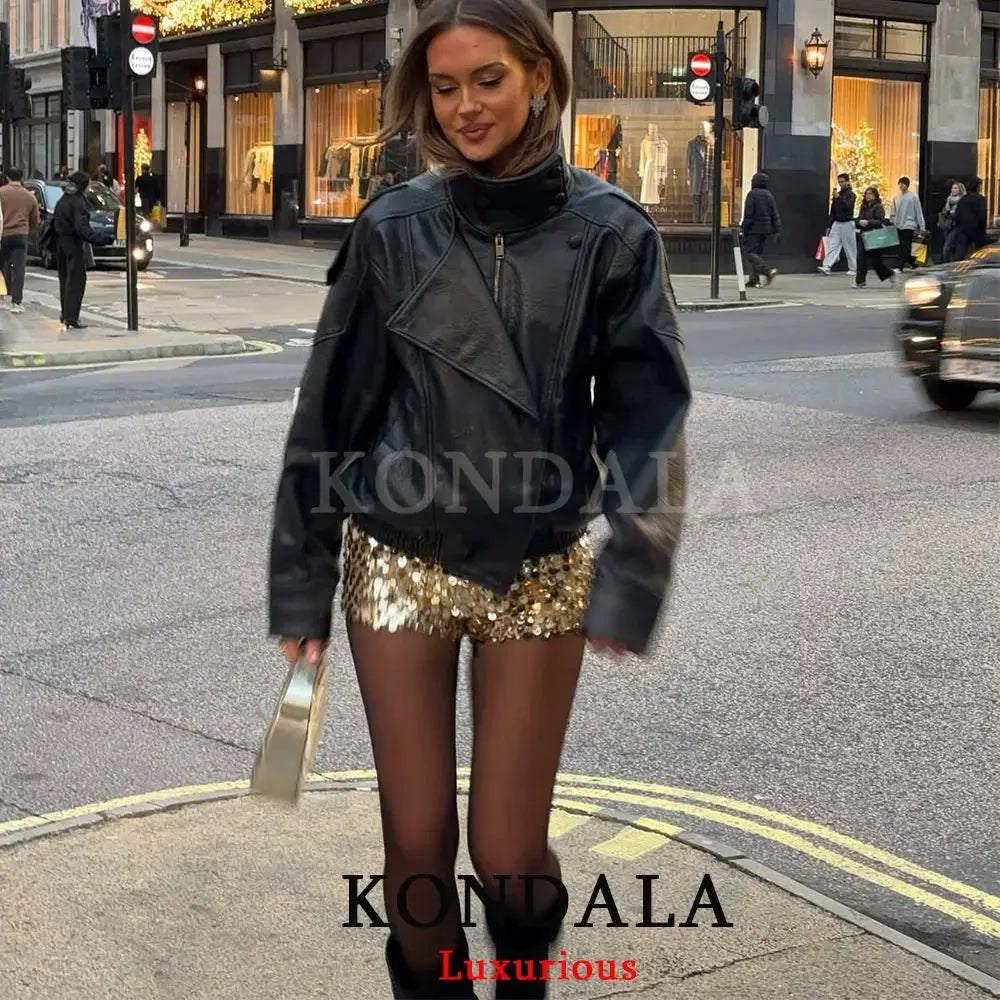 Kondala Womens Black Leather Jacket Casual Chic Oversized Elastic Fit With Button Details For Streetwear 2026