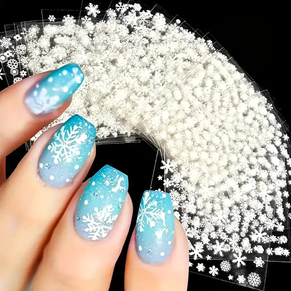 Nail art sticker sheets for Christmas, 30pcs, 3D decals with white snowflakes, self-adhesive; blue gradient nails shown