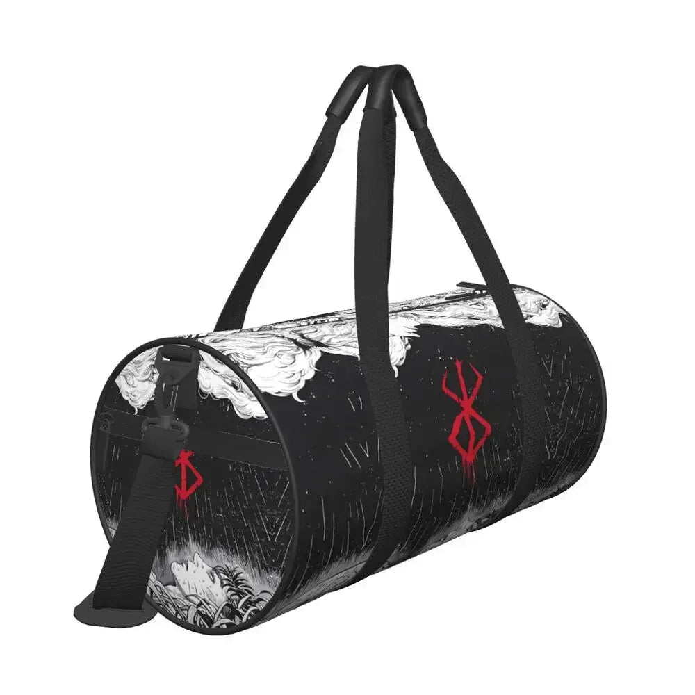 Japan anime Bereserk gym bag; black cylindrical waterproof duffel with white artwork and red emblem, dual handles