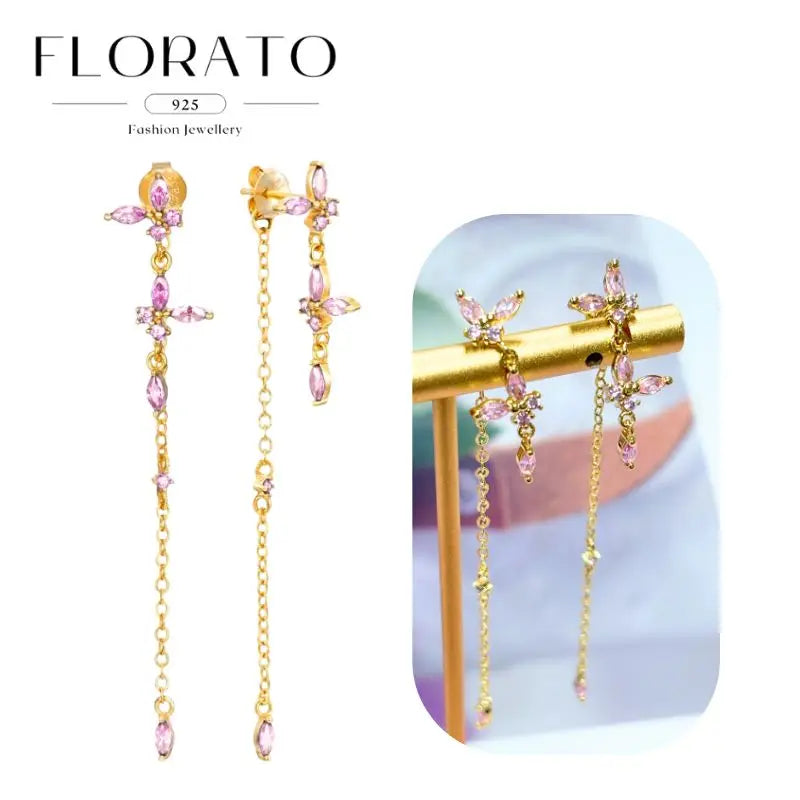 Earrings Florato gold-tone pink zircon drop with geometric chain design