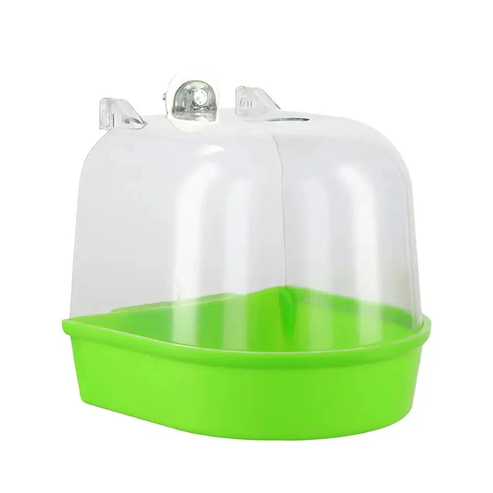 Hanging bird bath cube with lime green base and clear dome for small parrots and canaries