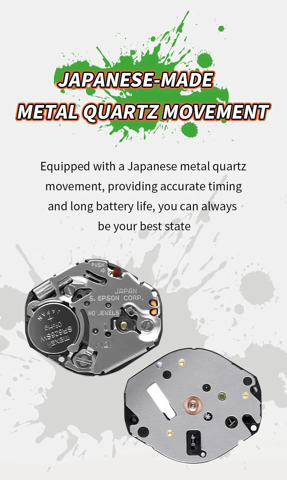 Quartz watch movement components, 2 pieces, Japanese-made metal movement with visible battery cell and metal plates