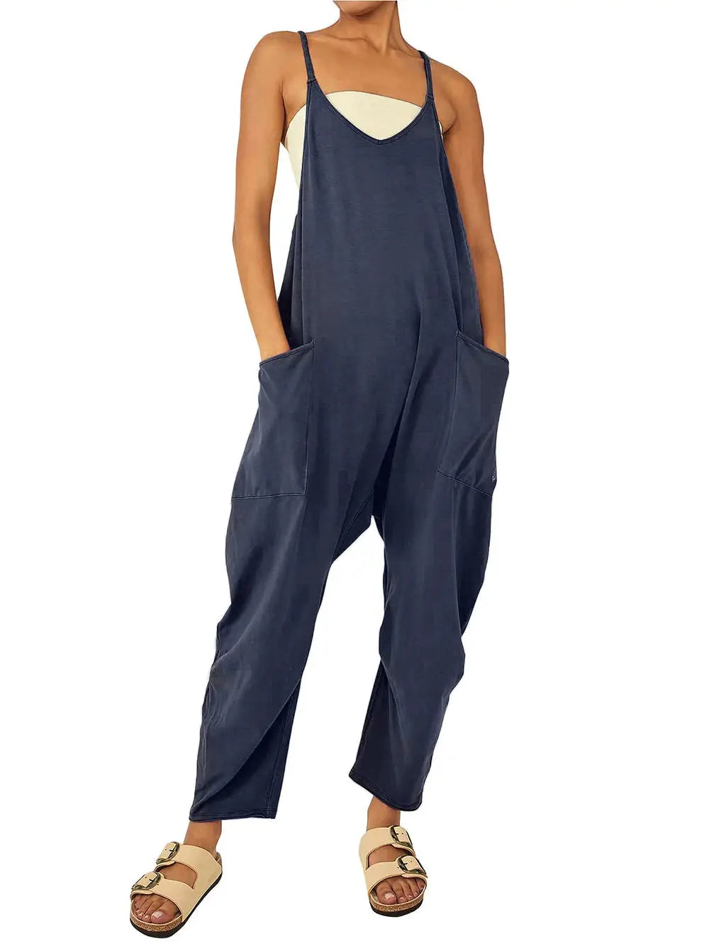 Women's navy blue suspender jumpsuit with large patch pockets by Simples Market