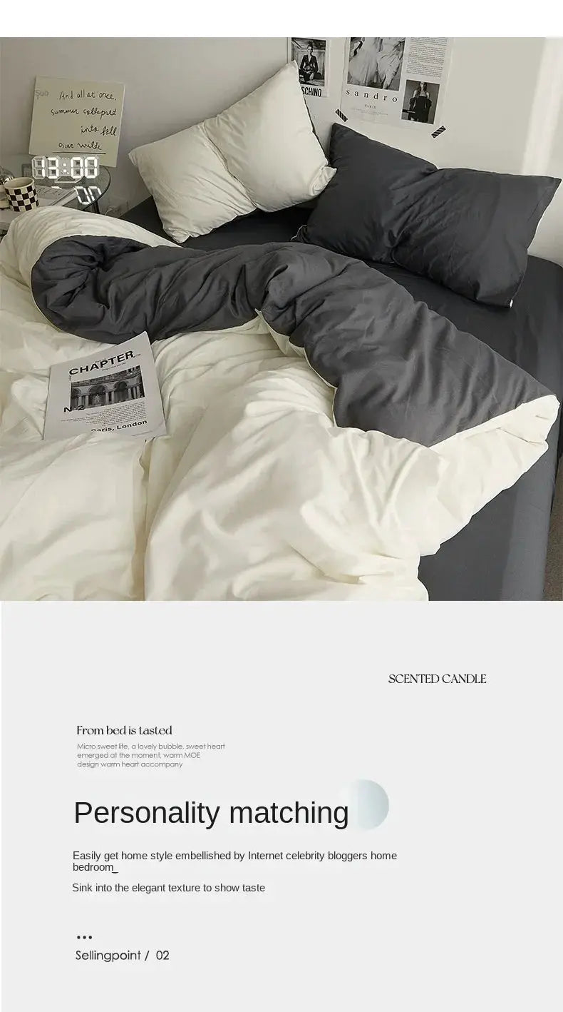 Bedding set: solid color double-washed cotton 4-piece, gray/white, Simples Market dorm bed linen