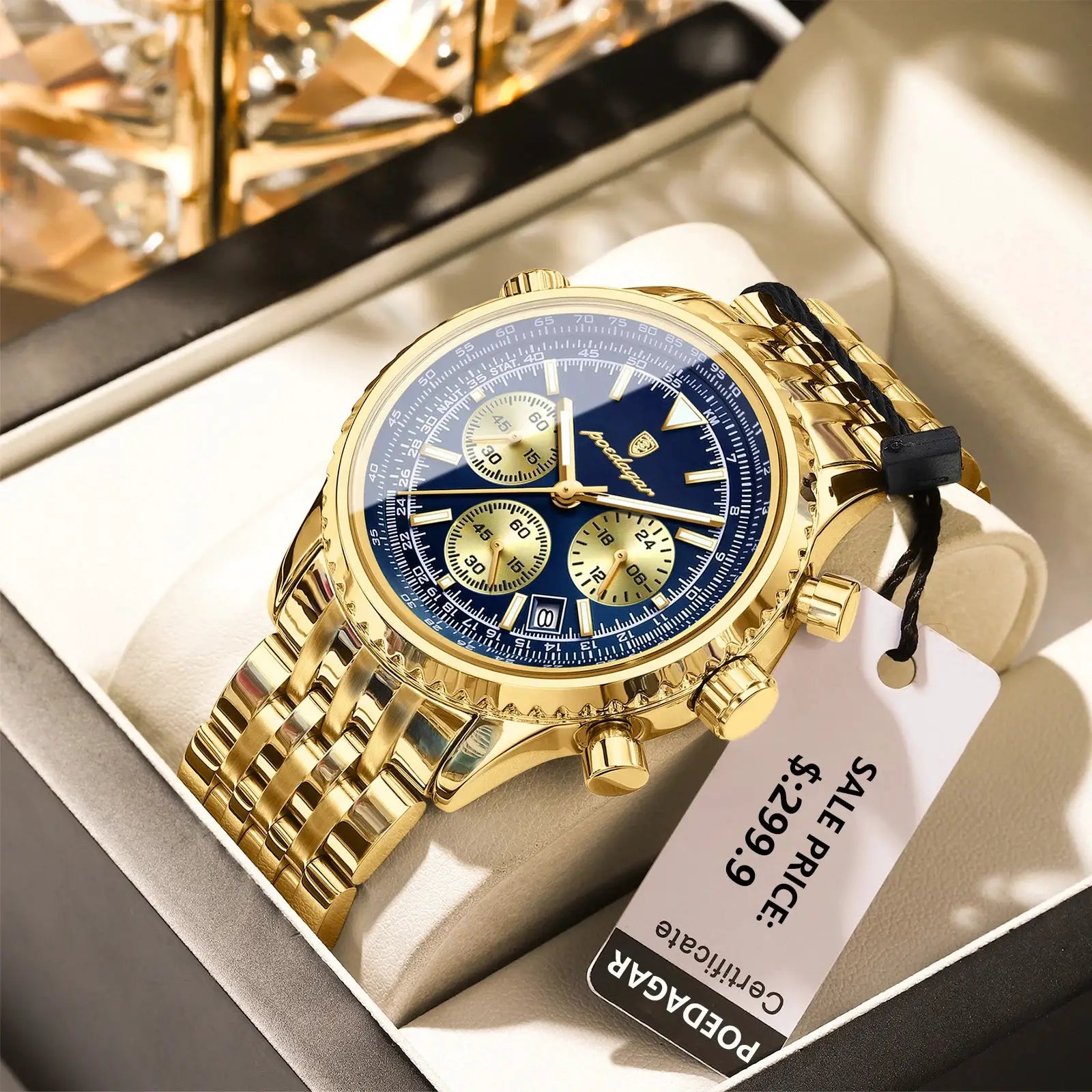 POEDAGAR men's gold-tone stainless steel chronograph watch with blue dial