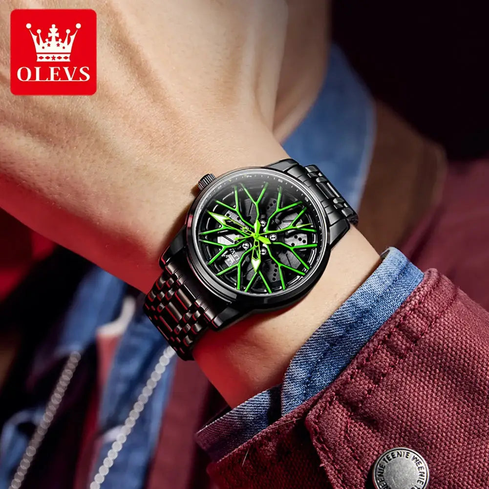OLEVS men's wristwatch with black stainless steel band and neon green skeleton dial