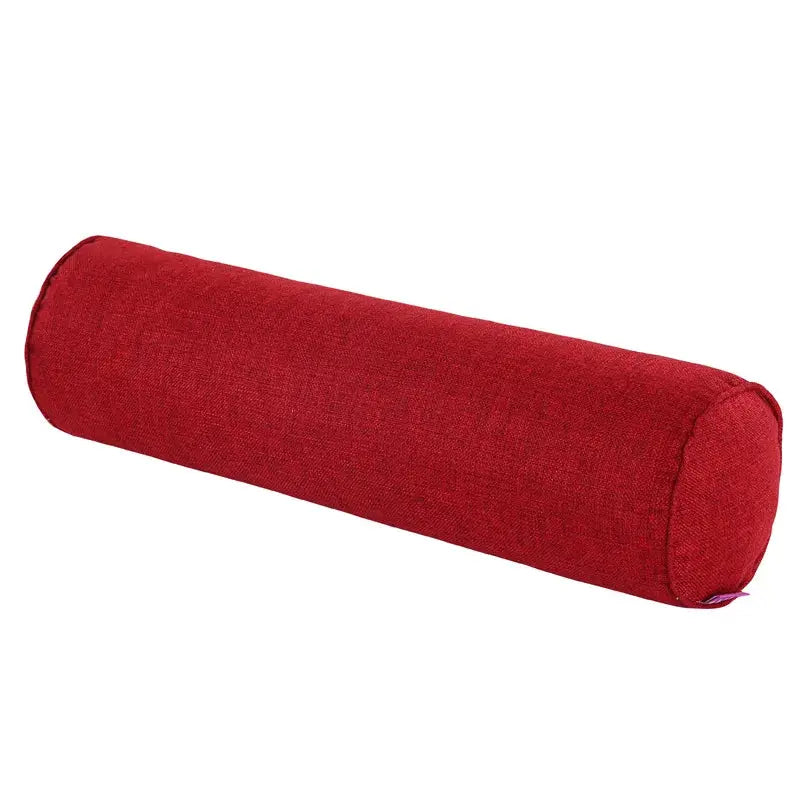 Cylindrical bolster pillow case in red cotton-linen fabric; long sofa neck roll, no fill.