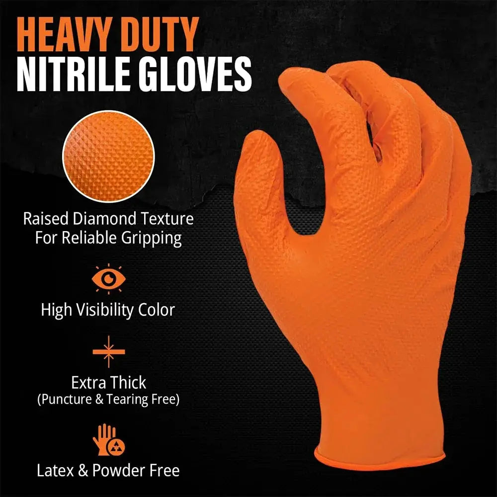Heavy-duty nitrile gloves by Simples Market, 8 mil extra thick with textured grip, orange, disposable.