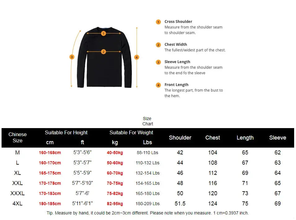 Men's black winter puffer jacket with hood and stand collar; size chart below