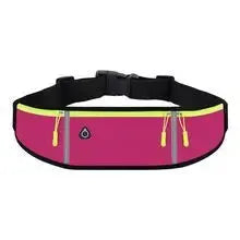 Outdoor running waist bag, pink with yellow zippers, three waterproof pockets, adjustable black strap