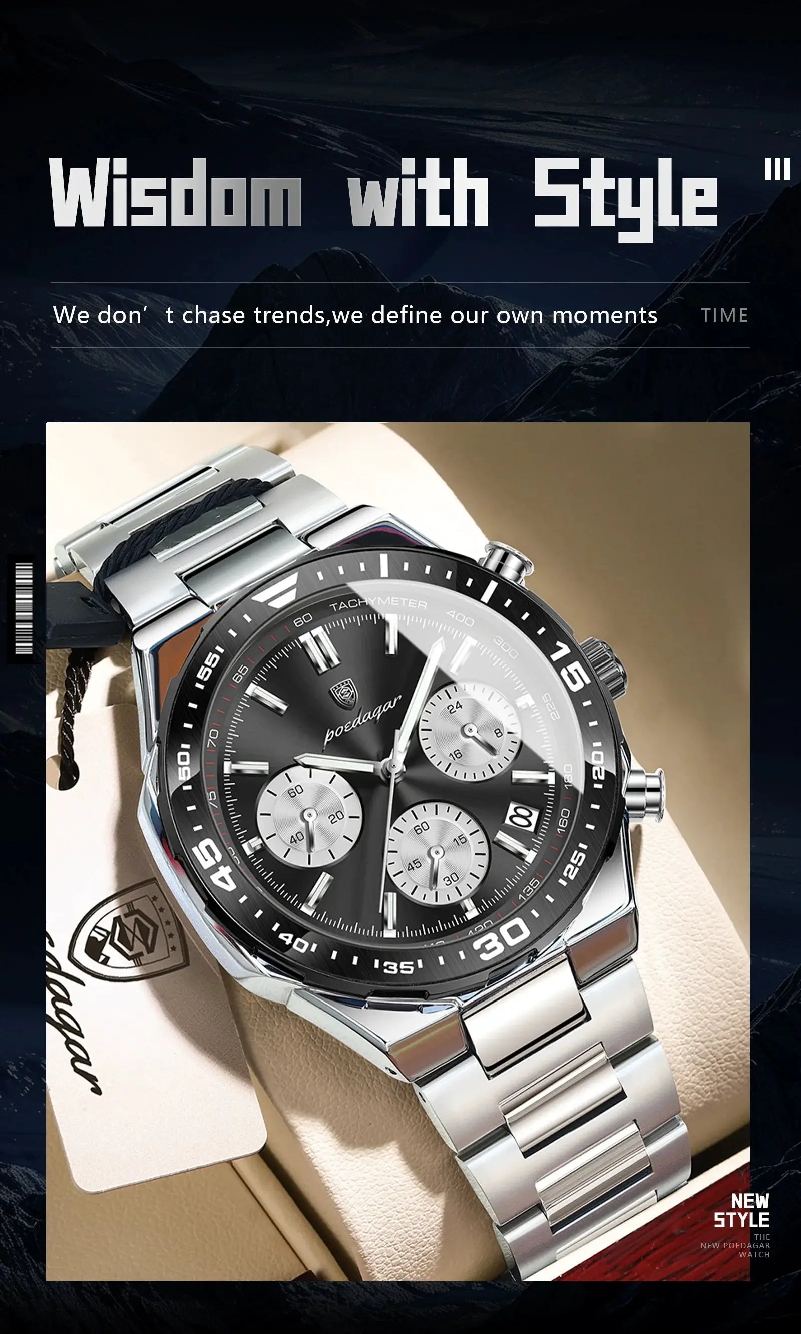POEDAGAR men's stainless steel waterproof quartz watch with chronograph, date, luminous hands