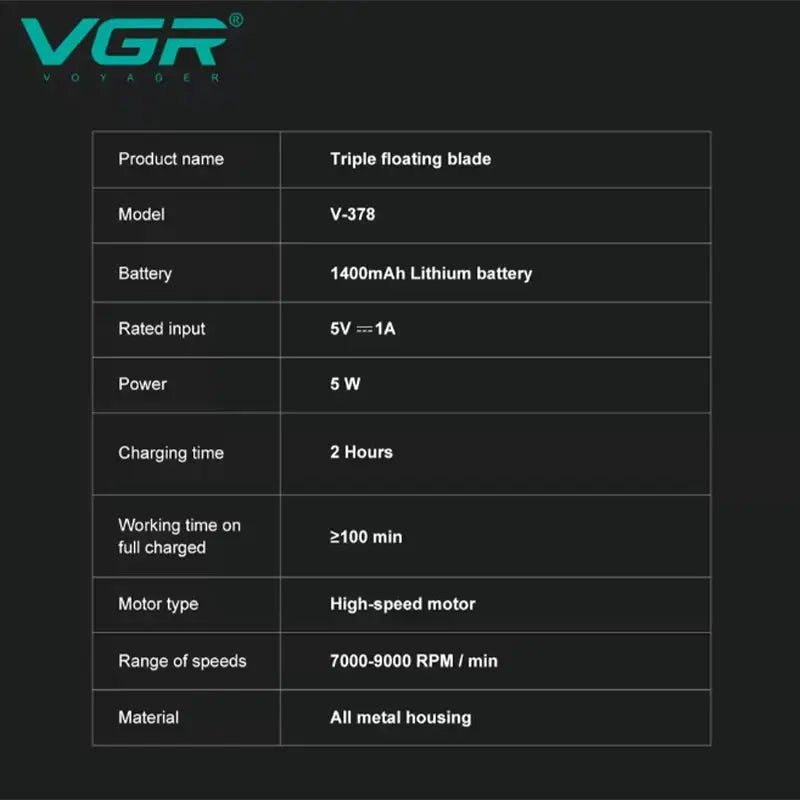 VGR triple floating blade shaver V-378 with all-metal housing and LED digital display, 9000 RPM, Simples Market