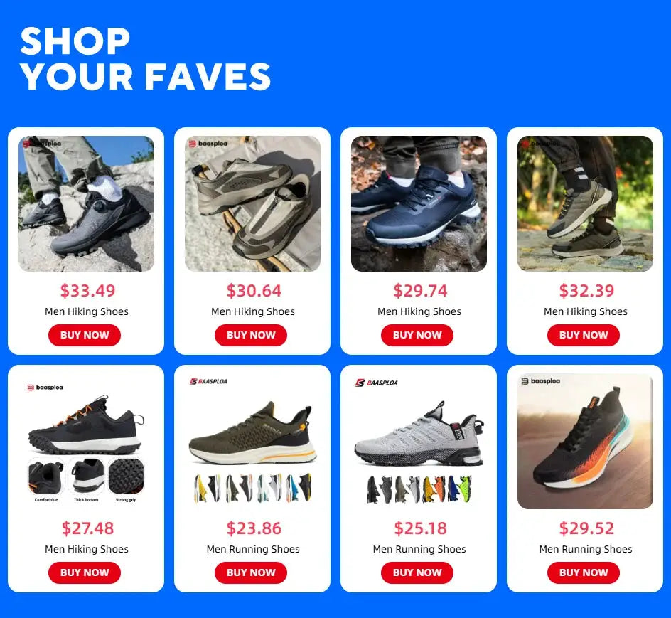 Baasploa men's jogging shoes collage showing 8 running sneakers in assorted colors with Simples Market branding