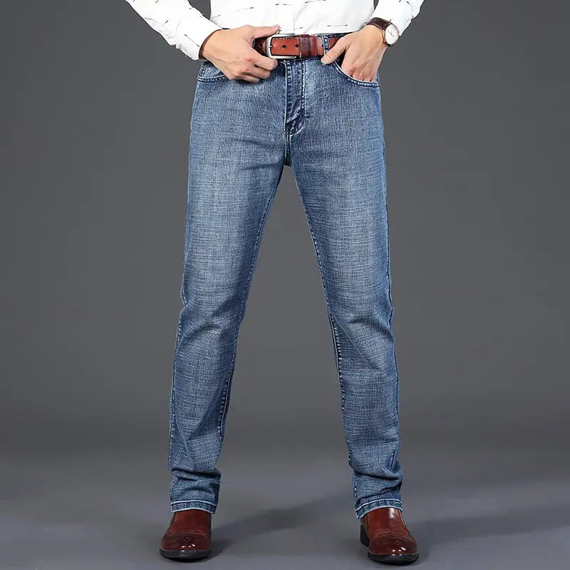 Men's blue denim jeans, straight-leg with stretch fabric