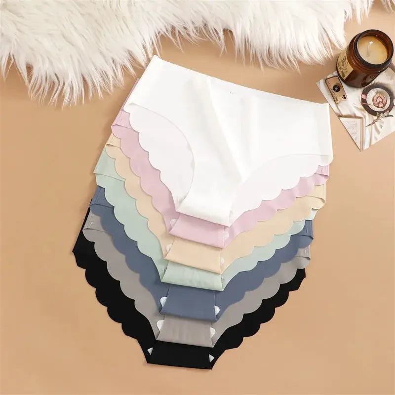 Ice Silk seamless panties 4-piece set in assorted solid colors with ultra-thin, scalloped wavy sides