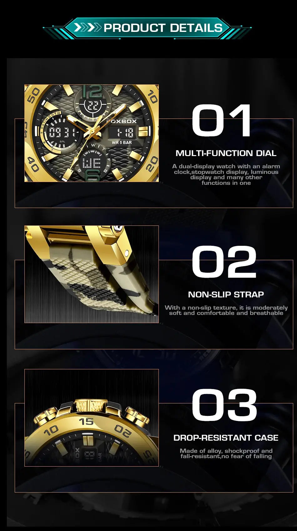 LIGE electronic men's wristwatch by Simples Market; gold-tone bezel, LED display, multi-function dial, water-resistant