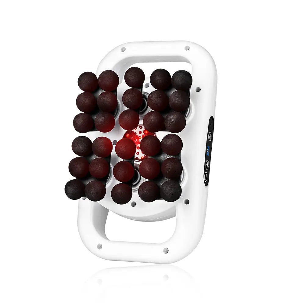 Simples Market 30-Head Body Massage Gun, white device with 30 black massage heads and red LED center