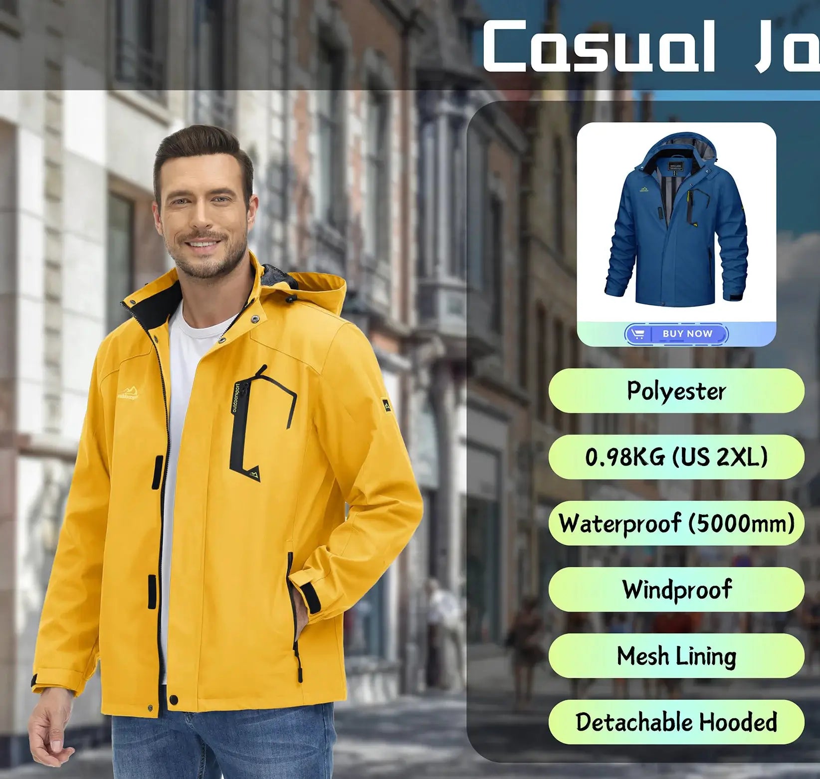 KEFITEVD men's yellow waterproof ski jacket by Simples Market; blue inset jacket shown.
