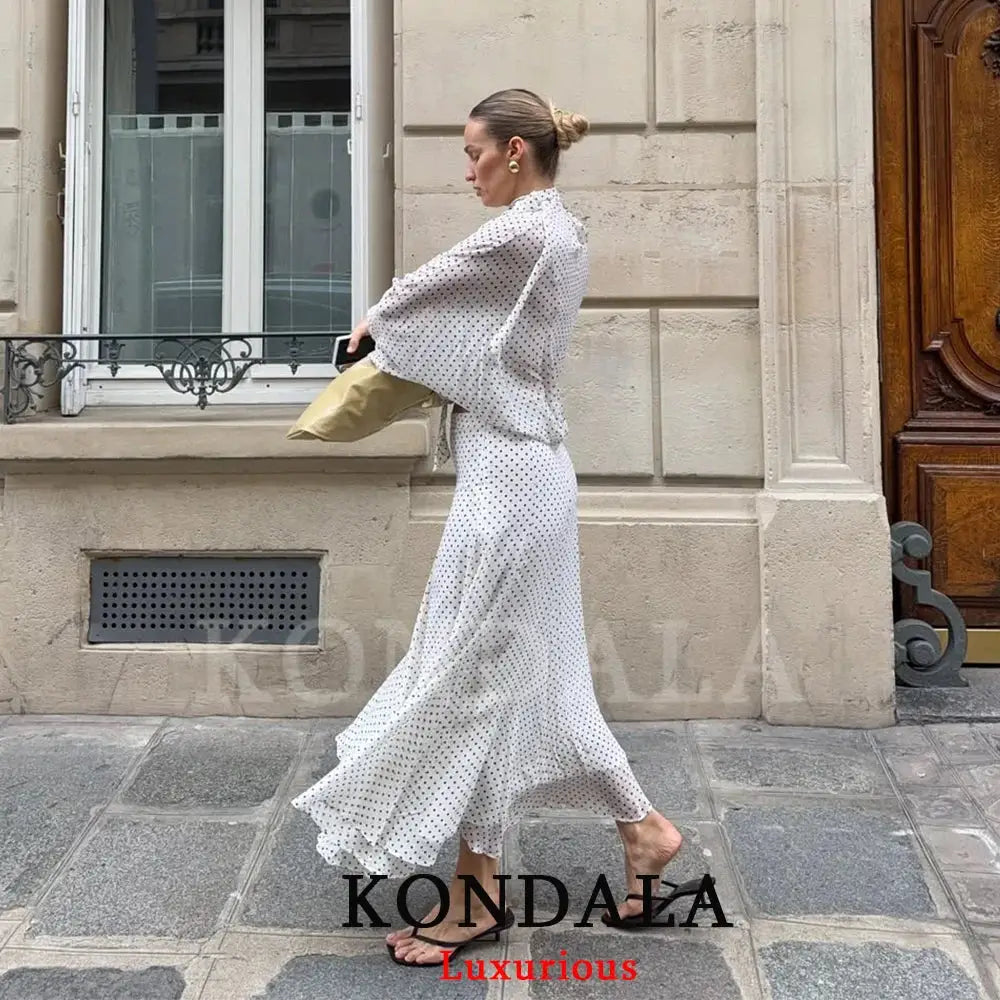 Kondala Polka Dot Women Sets Chiffon Bow Tie Blouses Skirts 2026