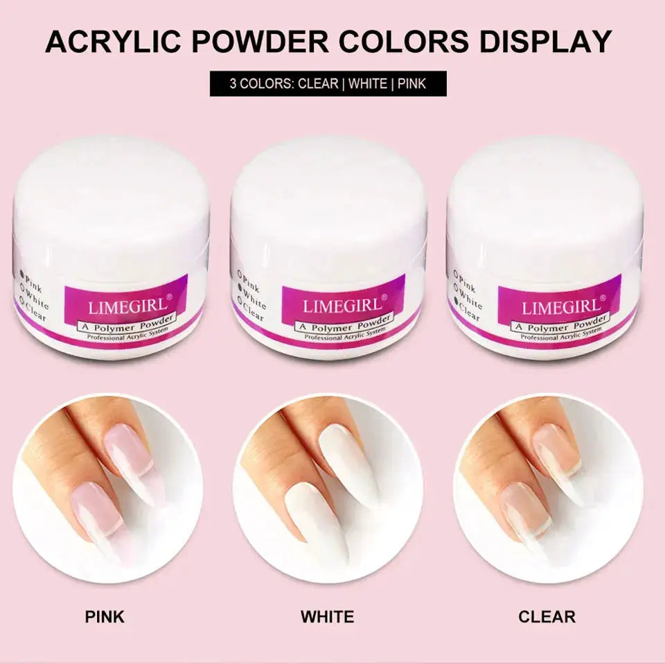 Nail acrylic powder display by LIMEGIRL with pink, white and clear colors; 3 jars shown and nail swatches.