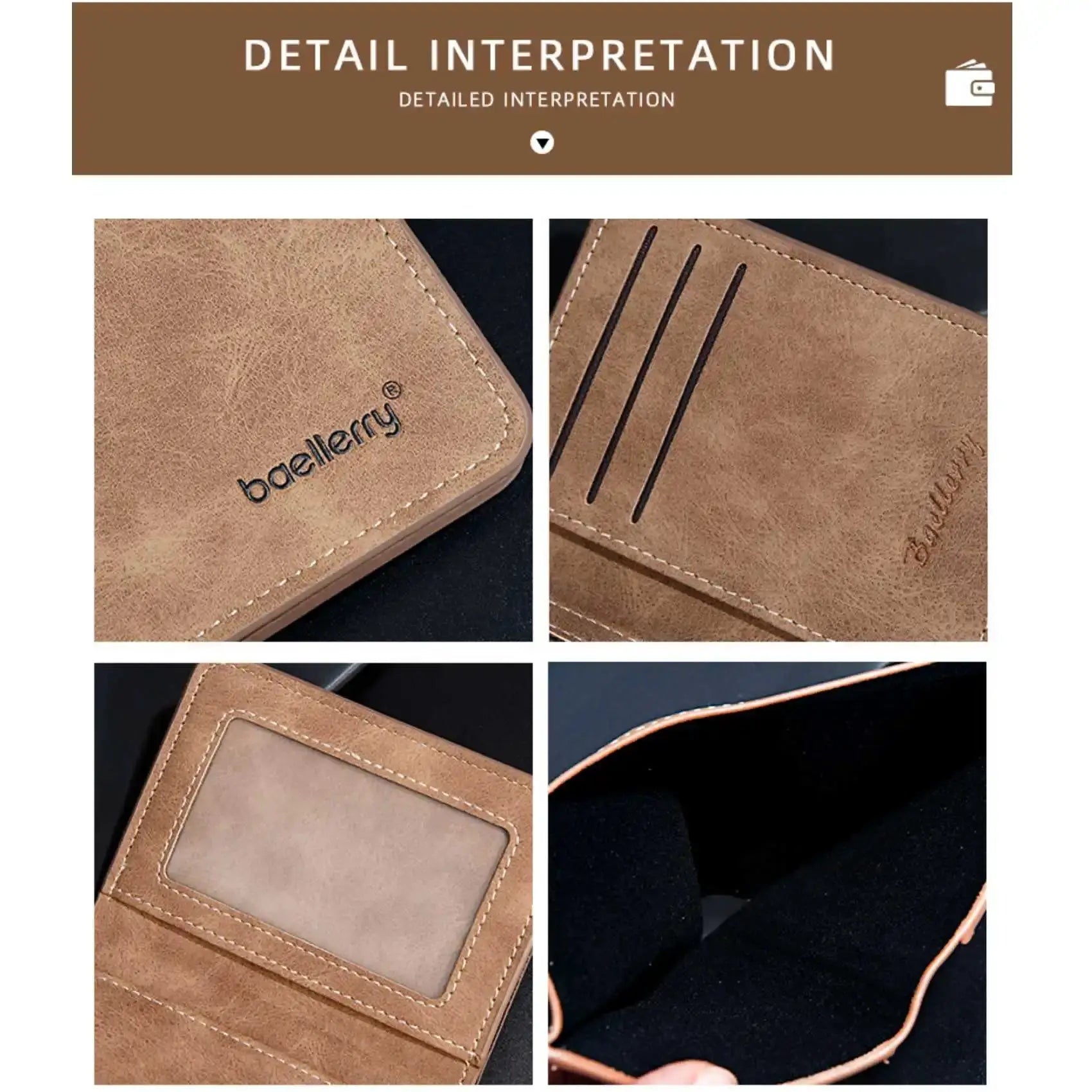 Baellerry tan leather bifold wallet with ID window and card slots