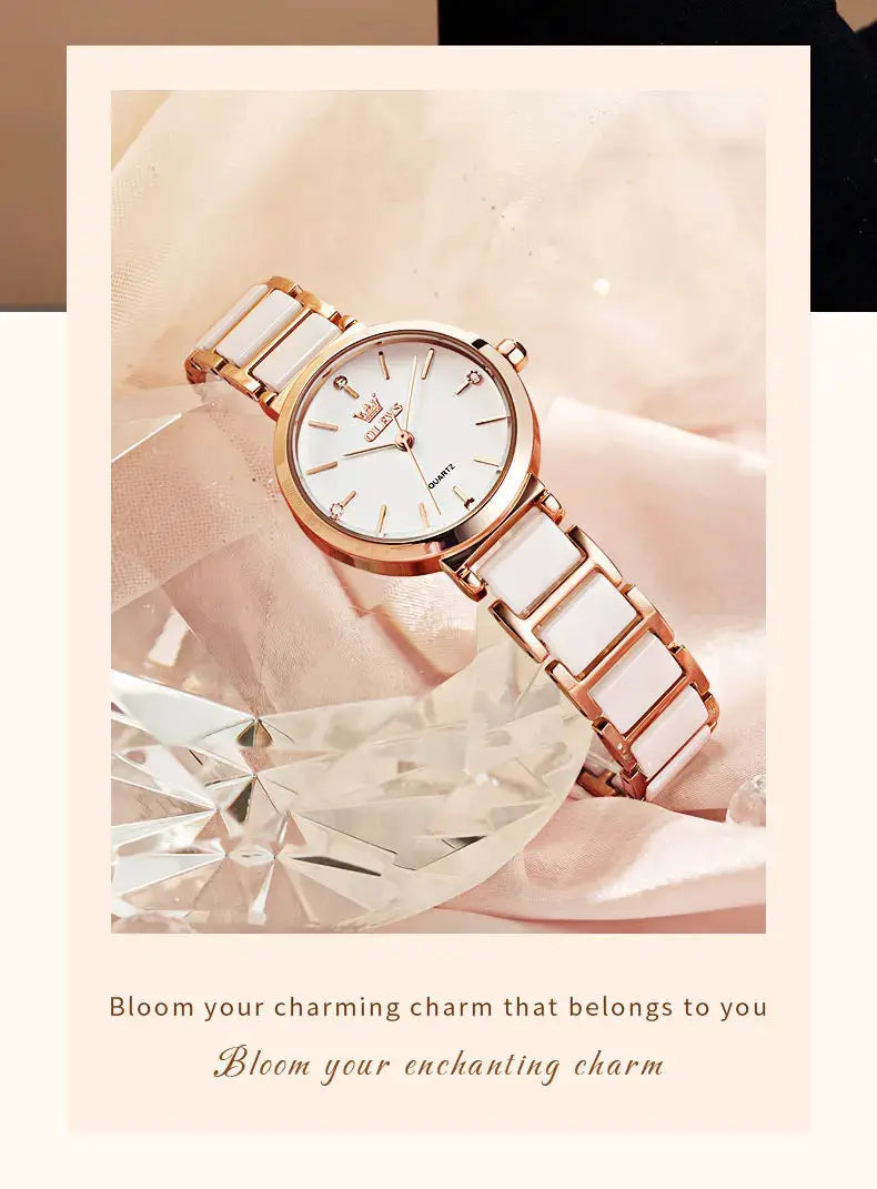 OLEVS women's wrist watch with rose-gold case and white ceramic links, quartz movement