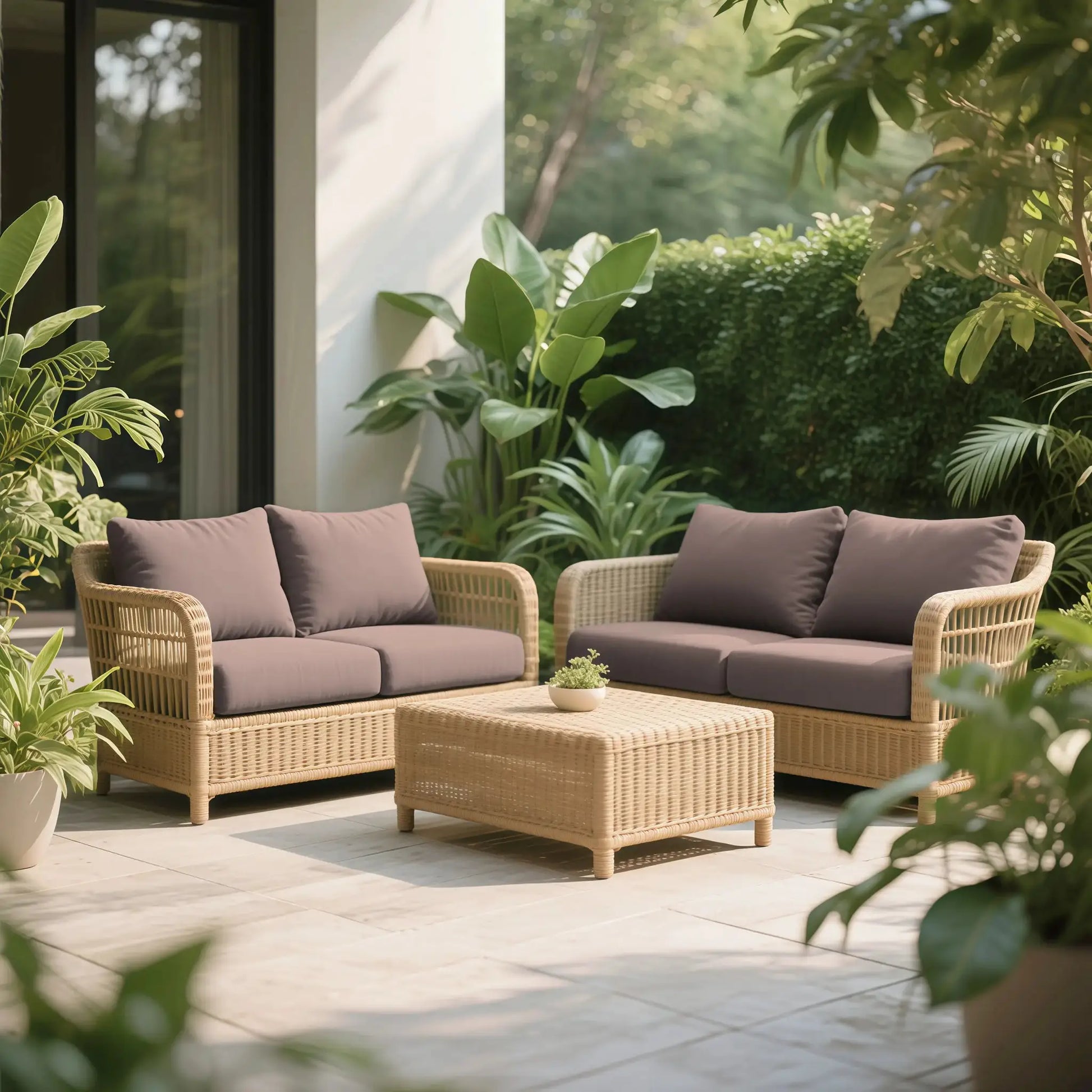 Simples Market milk silk elastic sofa slipcover; outdoor wicker sofa set of three with mauve cushions amid greenery.