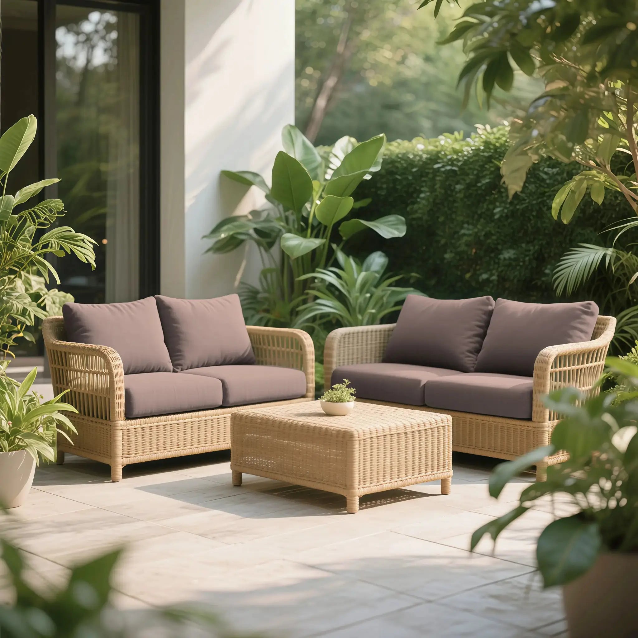 Simples Market milk silk elastic sofa slipcover; outdoor wicker sofa set of three with mauve cushions amid greenery.