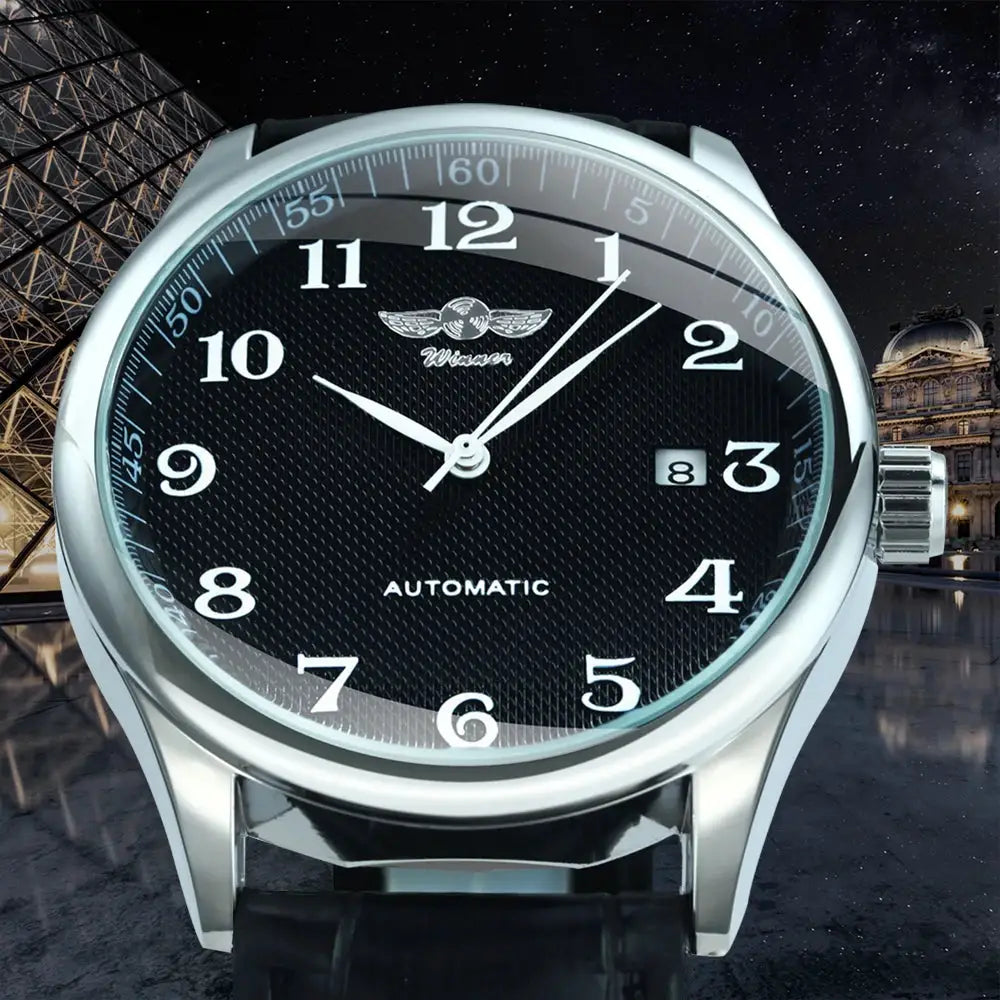 WINNER men's automatic calendar watch with black textured dial, silver case, white numerals, and leather strap