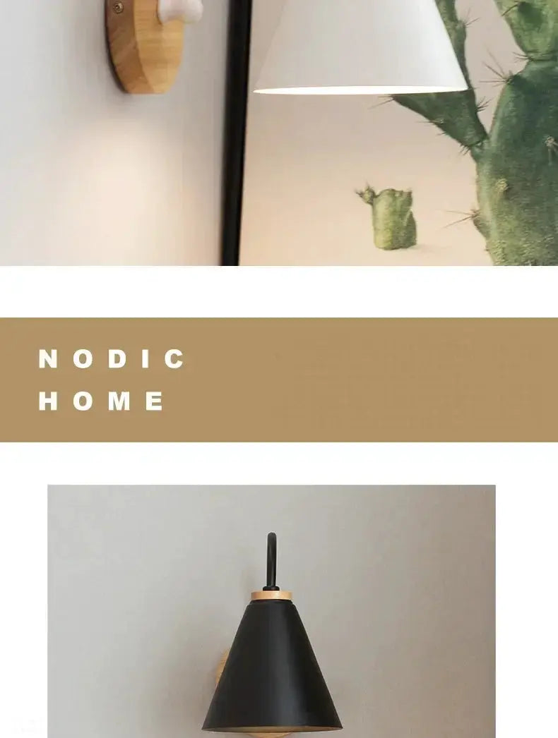 Nordic wall sconce light fixture by Simples Market; black conical shade with natural wood ring detail.