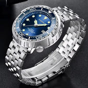 FOXBOXE quartz men's sport watch with blue dial, stainless steel bracelet, rotating bezel and date window.