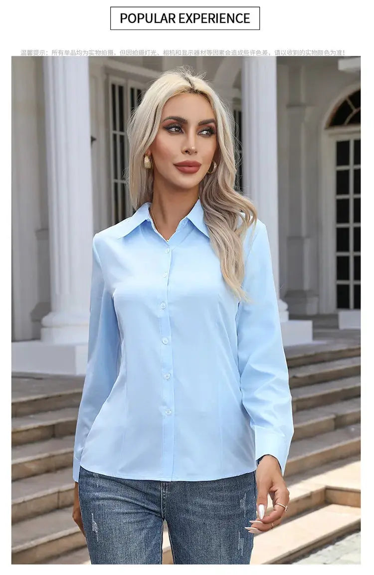 Women light blue solid button-down blouse with long sleeves and turn-down collar, casual top