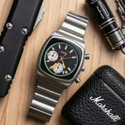 CILOA men's square quartz watch with stainless steel bracelet, black dial and colored subdials