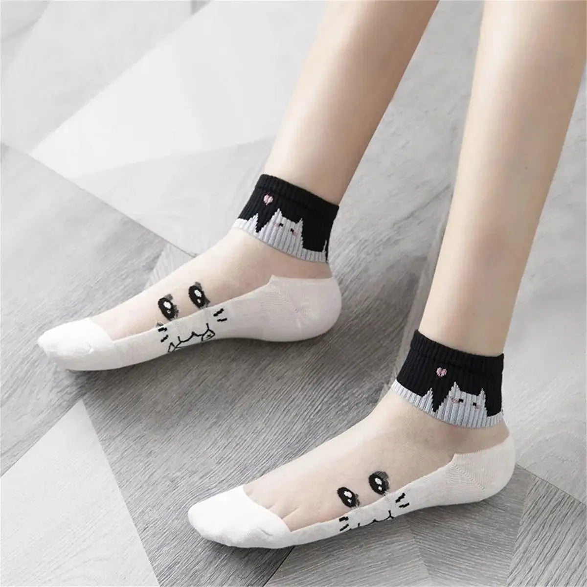 Dreamlikelin 5 Pairs Pack Breathable Summer Socks Black And White Cat Pattern Short Socks For Women