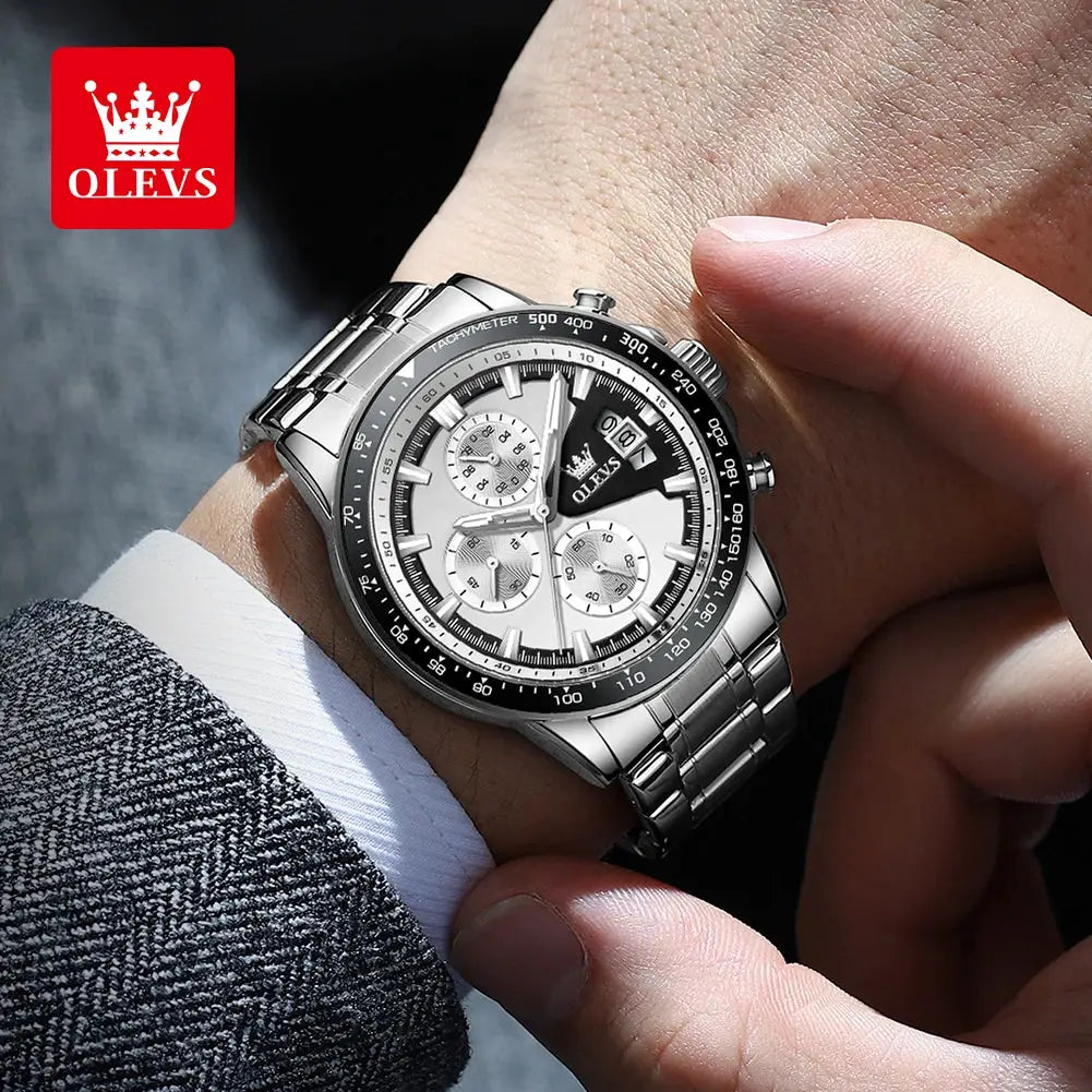 OLEVS TY705 men's stainless steel chronograph watch with tachymeter bezel and date window
