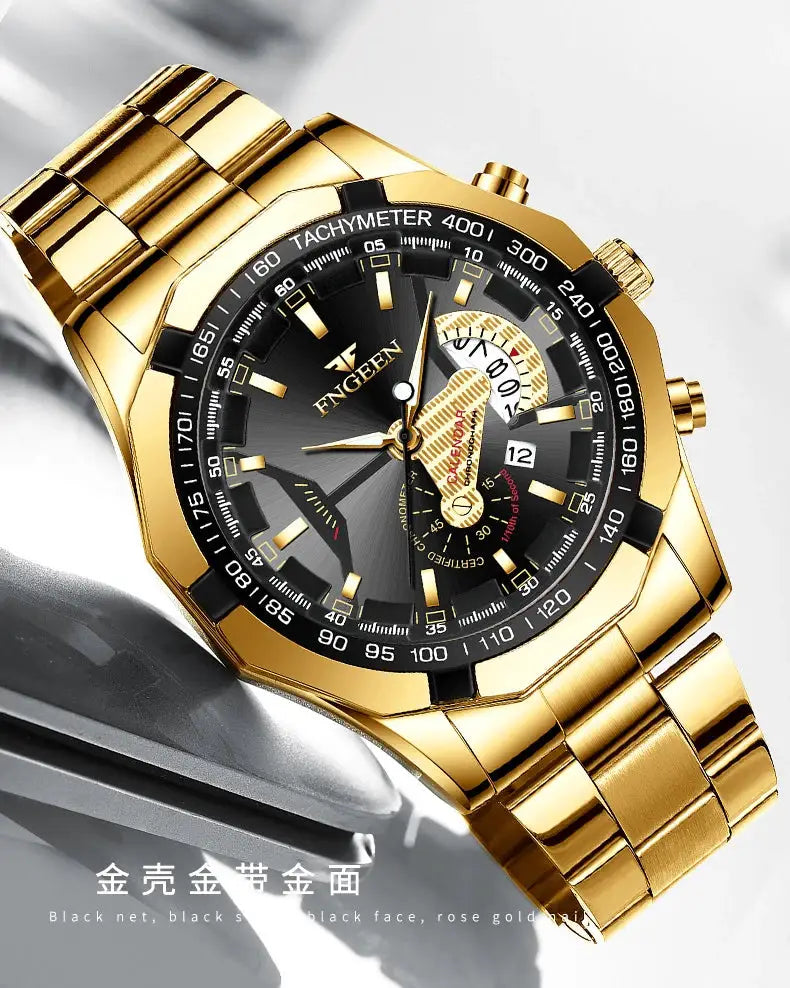 Men's gold-tone stainless steel wristwatch with black dial, tachymeter bezel, and FNGGEN logo.