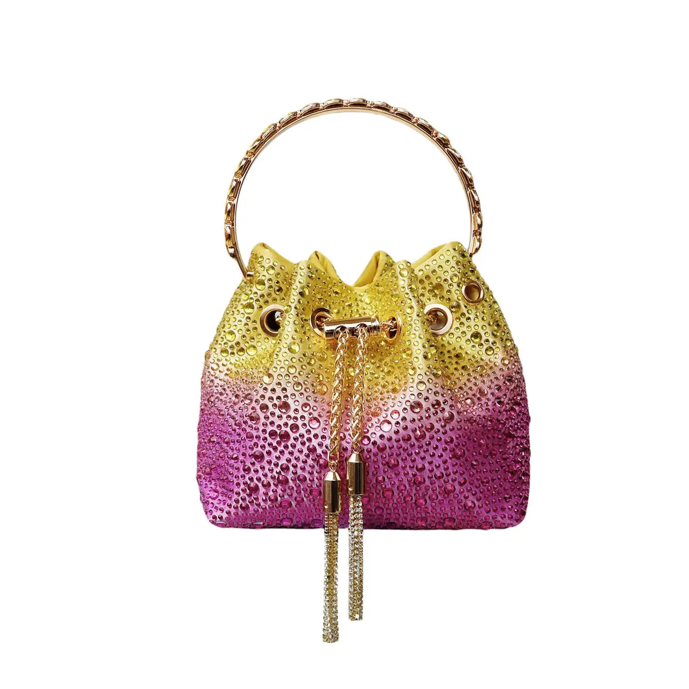 Rhinestone evening clutch bucket bag with gold ring handle, gradient yellow to pink-purple crystals