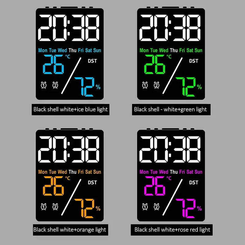 Large-screen digital alarm clock with humidity display and brightness control; black shell with four color variants.