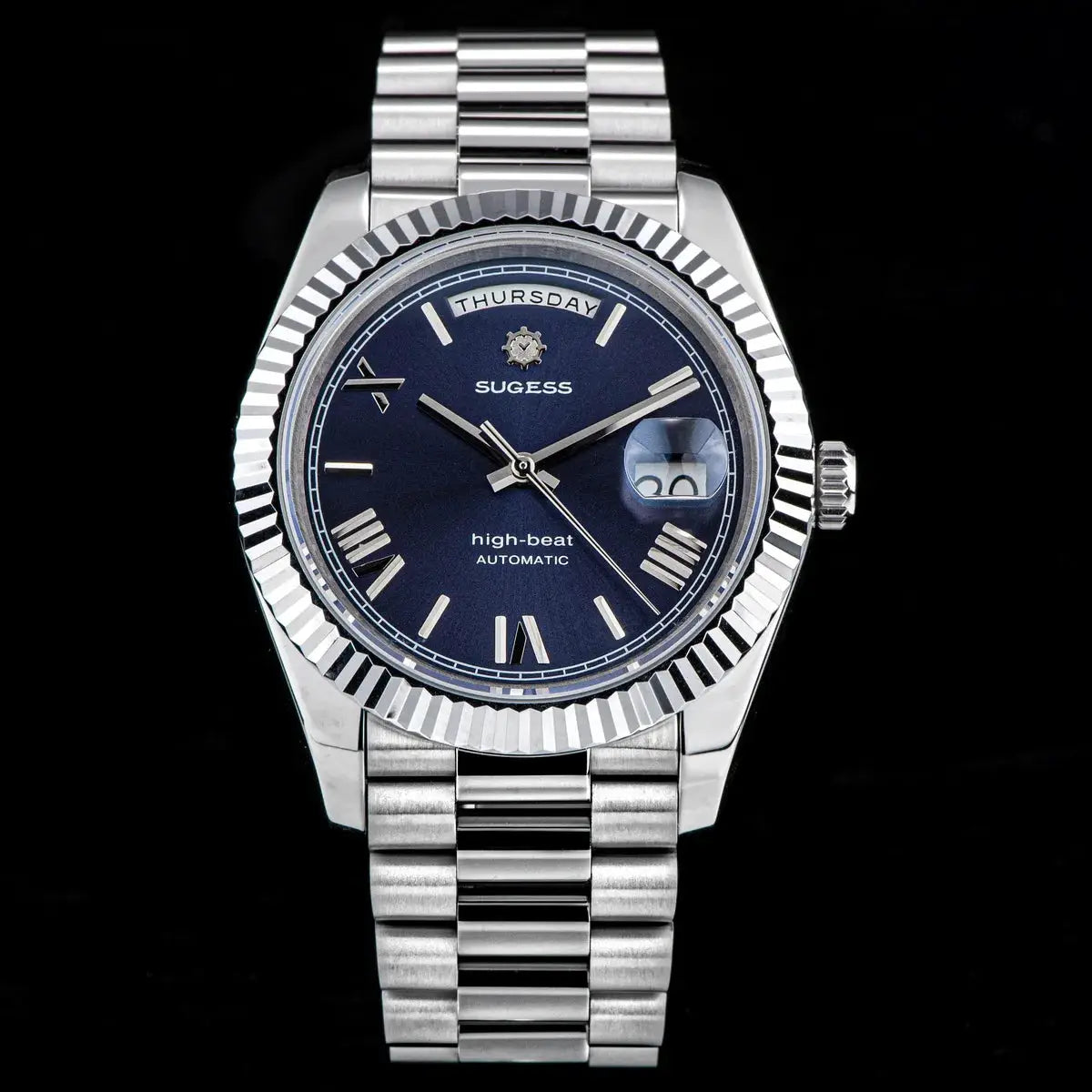 Sugess men's 40mm automatic wristwatch with blue dial, day/date window, sapphire glass, stainless steel bracelet