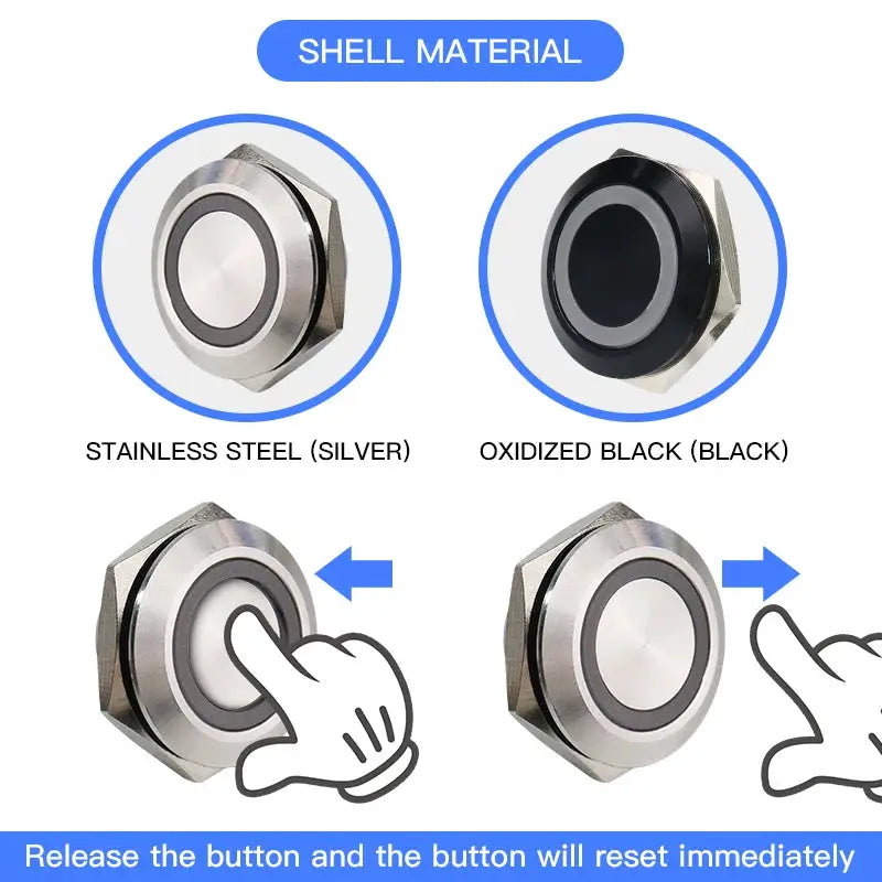 Push button switch by Simples Market; LED, momentary waterproof, stainless steel silver and oxidized black variants.