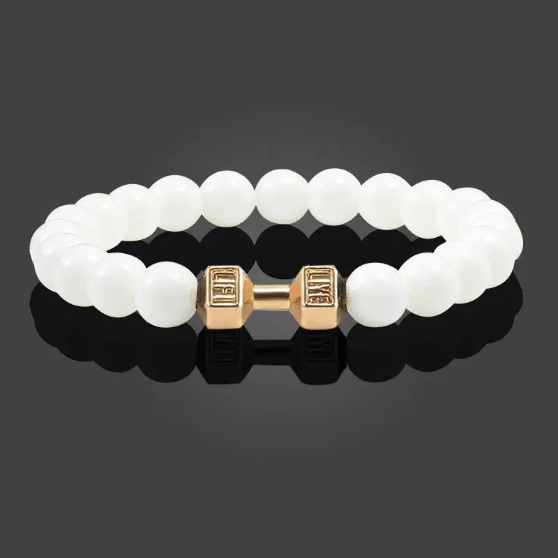 Natural Volcanic Stone Bracelet For Men And Women Matte Black Lava White Beads Dumbbell Charm Strand Fitness Jewelry