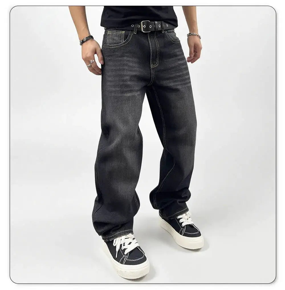 Men's black baggy straight-leg denim jeans by Simples Market with retro wash