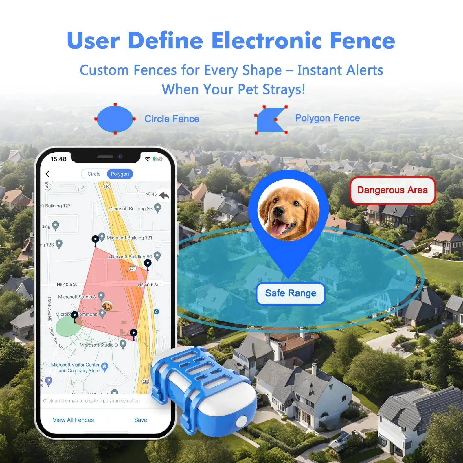 GPS Pet Tracker for dogs and cats by Simples Market, blue locator device with QR code shown beside a smartphone map.