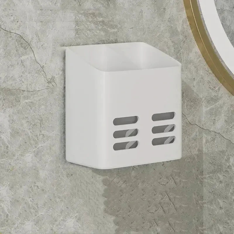 White wall-mounted bathroom shelf organizer with vented front panels, no-drill installation