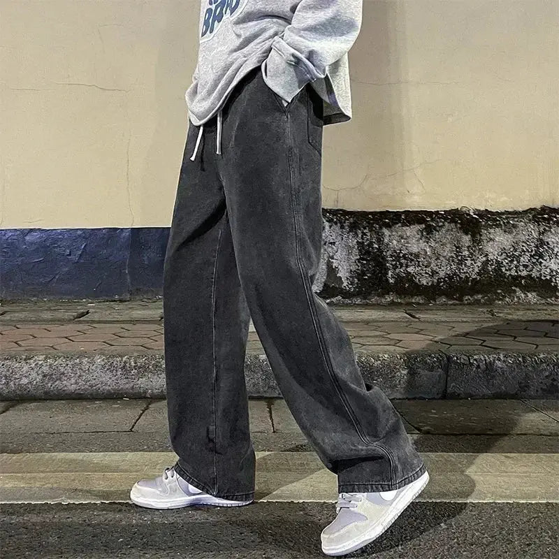 Brand Clothing Streetwear Loose Jeans For Men Korean Style Wide Leg Pants Breathable Cotton Poly Blend
