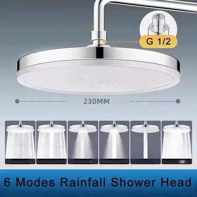 Showerhead 230mm round chrome finish, 6-mode rainfall, G1/2 inlet, Simples Market