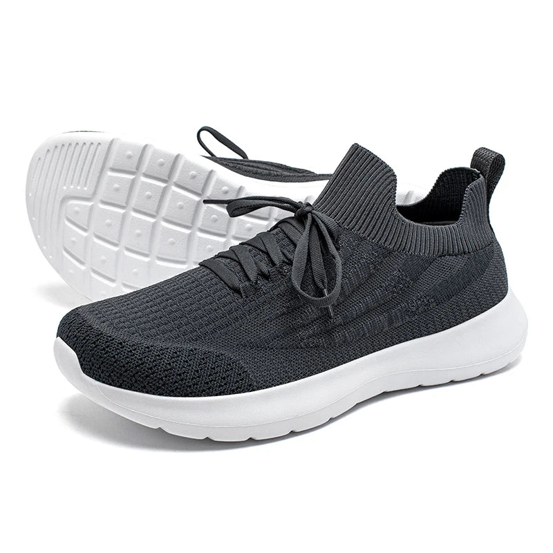 HOBIBEAR unisex running sneakers, black mesh knit, non-slip lace-up with white sole