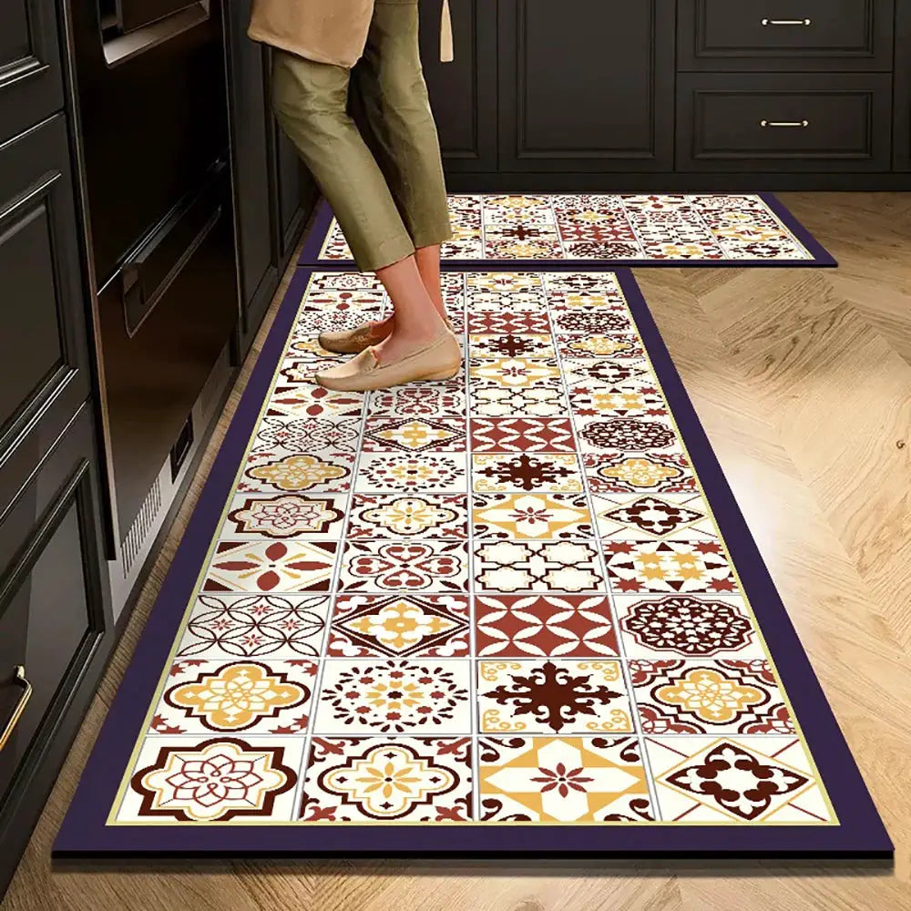 Simples Market non-slip kitchen mat long rug with crystal velvet, colorful tile-pattern design and purple border