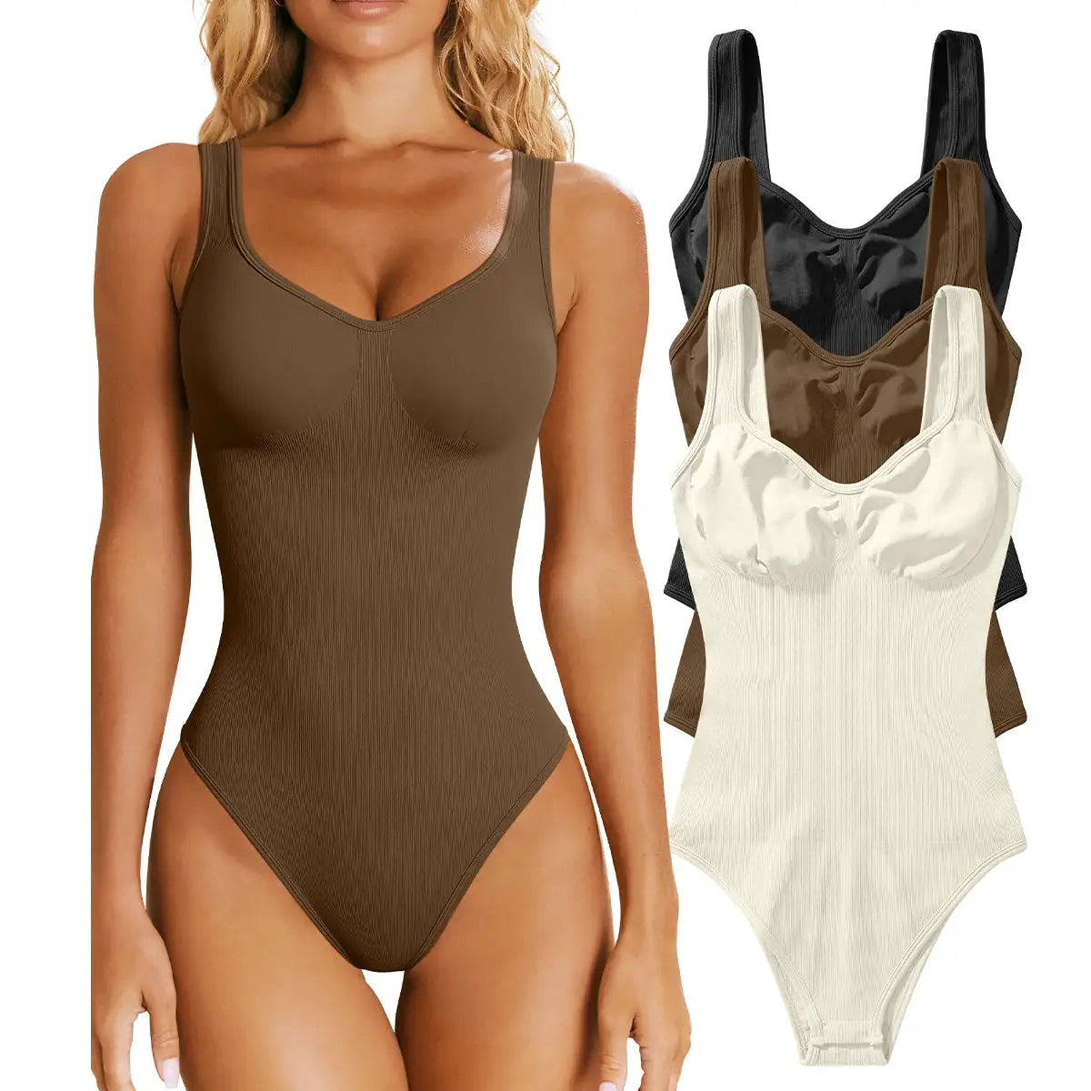 Ladies ribbed seamless bodysuit in brown; three-color options shown (black, brown, ivory)